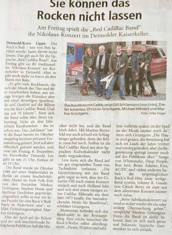 Zeitungsartikel (Ankündigung) für das Konzert der RED CADILLAC BAND im Detmolder Kaiserkeller